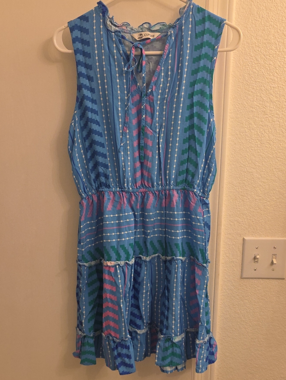 Cupshe Blue Patterned Tiered Sleeveless Dress with Pink & Green Accents